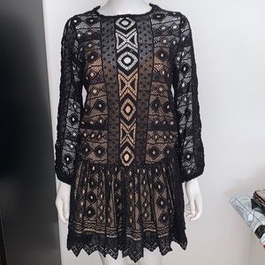 JEN’S PIRATE BOOTY black lace crochet open back flirty dress w nude lining S